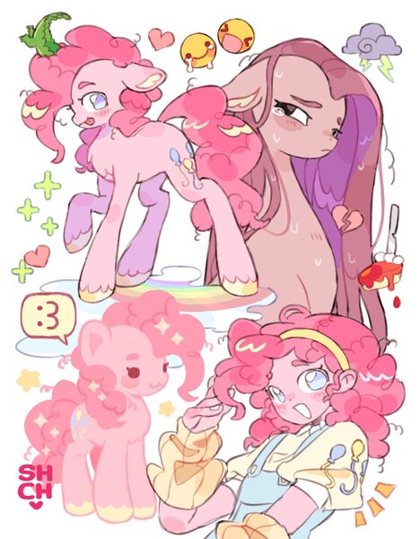 Size: 1536x1969 | Tagged: safe, artist:sharpycharot, derpibooru import, gummy, pinkie pie, alligator, earth pony, human, pony, equestria girls, :3, arm warmers, cake, chest fluff, clothes, crying, female, floating heart, food, g4, hairband, heart, heartbreak, image, jpeg, mare, pinkamena diane pie, self paradox, self ponidox, speech bubble, tongue out, unshorn fetlocks