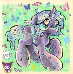 Size: 1186x1200 | Tagged: safe, artist:larvaecandy, derpibooru import, oc, oc:changeling filly anon, unofficial characters only, butterfly, changeling, insect, pony, rabbit, :<, ahoge, animal, big eyes, black coat, border, carapace, changeling horn, changeling oc, changeling wings, commission, cute, cute little fangs, ear fluff, eye clipping through hair, eyelashes, fangs, female, filly, floppy ears, foal, heart, heart eyes, horn, image, jpeg, kuromi, mixed media, ocbetes, raised hoof, sanrio, scan, shiny eyes, shiny mane, shiny tail, short mane, short tail, small wings, solo, sparkly eyes, spread wings, standing, sticker, tail, teal mane, teal tail, traditional art, wingding eyes, wings