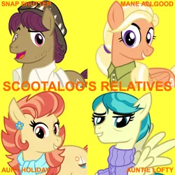 Size: 1080x1080 | Tagged: safe, artist:cheezedoodle96, derpibooru import, edit, editor:jaredking779, aunt holiday, auntie lofty, mane allgood, snap shutter, earth pony, pegasus, pony, clothes, female, g4, hat, image, jpeg, male, mare, scarf, shirt, simple background, spread wings, stallion, sweater, wings, yellow background