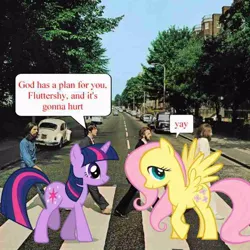 Size: 700x700 | Tagged: safe, derpibooru import, edit, fluttershy, twilight sparkle, pegasus, pony, unicorn, abbey road, female, image, jpeg, mare, needs more jpeg, real life background, stock vector, talking, text, unicorn twilight, yay