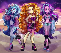 Size: 2048x1784 | Tagged: safe, artist:libbly_libby, derpibooru import, adagio dazzle, aria blaze, sonata dusk, human, equestria girls, bangs, bare shoulders, beach, beach towel, belly button, bikini, bikini top, bracelet, breasts, cleavage, clothes, collar, commission, disguise, disguised siren, eyeshadow, feet, female, fingernails, g4, glasses, glasses off, hairband, hairclip, high heels, image, jewelry, jpeg, kamina sunglasses, legs, makeup, midriff, nail polish, nails, open mouth, open smile, purse, sarong, shoes, sleeveless, smiling, solo, spiked headband, spiked wristband, string bikini, sunglasses, swimsuit, the dazzlings, toes, towel, trio, trio female, wavy hair, wristband