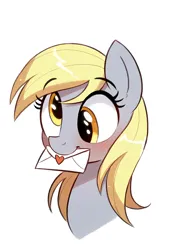 Size: 3328x4864 | Tagged: prompter needed, safe, ai content, derpibooru import, machine learning generated, novelai, stable diffusion, derpy hooves, pegasus, pony, absurd resolution, blushing, bust, cute, derpabetes, eyebrows, eyebrows visible through hair, female, g4, image, letter, love letter, mare, mouth hold, png, simple background, smiling, solo, white background