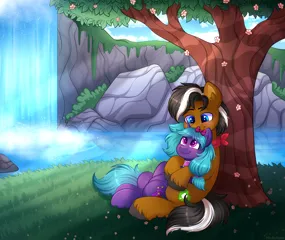 Size: 5500x4630 | Tagged: safe, artist:madelinne, derpibooru import, oc, unofficial characters only, earth pony, pony, unicorn, duo, earth pony oc, flower, grass, horn, image, male, png, stallion, tree, unicorn oc, water, waterfall