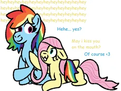 Size: 1725x1300 | Tagged: safe, artist:zoeyhorse, derpibooru import, fluttershy, rainbow dash, pegasus, pony, cute, dashabetes, dialogue, female, floppy ears, flutterdash, g4, image, imminent kissing, lesbian, lying down, mare, open mouth, open smile, png, prone, shipping, shyabetes, simple background, size difference, smiling, white background