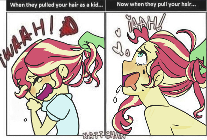 Size: 1076x725 | Tagged: questionable, artist:peakbuns, derpibooru import, edit, editor:cookonstick, sunset shimmer, oc, oc:anon, equestria girls, crying, g4, hair pulling, image, implied anon, implied sex, jpeg, meme, sweat, sweatdrop