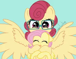 Size: 1600x1250 | Tagged: safe, artist:flutterbug18, derpibooru import, fluttershy, posey shy, pegasus, pony, cute, daaaaaaaaaaaw, female, filly, filly fluttershy, floppy ears, hug, hug from behind, image, light blue background, mother and child, mother and daughter, mother's day, png, shyabetes, signature, simple background, spread wings, squishy cheeks, wings, younger