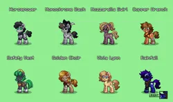 Size: 1140x675 | Tagged: safe, derpibooru import, oc, oc:copper wrench, oc:golden choir, oc:horsepower, oc:monochrome bash, oc:mozzarella swirl, oc:rainfall, oc:safety vest, oc:viola lynn, unofficial characters only, earth pony, pegasus, pony, robot, robot pony, unicorn, pony town, amputee, bowtie, clothes, coat markings, female, glasses, goggles, green background, hard hat, hat, horn, image, jewelry, male, mare, necklace, one winged pegasus, png, prosthetic leg, prosthetic limb, prosthetics, safety vest, scarf, simple background, socks (coat marking), stallion