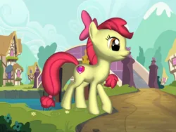Size: 1200x900 | Tagged: artist needed, safe, derpibooru import, apple bloom, earth pony, pony, 3d, 3d pony creator, background, bow, female, future, g4, hair bow, image, older, older apple bloom, png, ponyville, raised leg, smiling, solo, walking