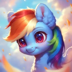 Size: 4096x4096 | Tagged: safe, ai content, derpibooru import, machine learning assisted, machine learning generated, stable diffusion, rainbow dash, pegasus, pony, beautiful, blushing, cloud, cute, detailed, ear fluff, fluffy, g4, generator:purplesmart.ai, happy, image, jpeg, leaf, multicolored hair, pink eyes, prompter:saltyvity, rainbow hair, sky, smiling, solo