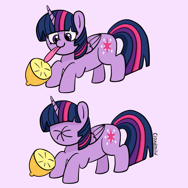 Size: 4000x4000 | Tagged: safe, artist:cloudmild, derpibooru import, twilight sparkle, twilight sparkle (alicorn), alicorn, pony, 2 panel comic, cartoon physics, comic, cute, female, food, g4, horn, image, lemon, lemon meme, licking, mare, meme, pink background, png, puckered face, scrunchy face, silly, silly pony, simple background, smiling, solo, sour, tongue out, twiabetes, wings