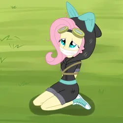 Size: 2000x2000 | Tagged: safe, artist:nie-martw-sie-o-mnie, derpibooru import, fluttershy, equestria girls, magic duel, arm behind back, bondage, cloth gag, clothes, converse, costume, dangerous mission outfit, flutterspy, g4, gag, goggles, goggles on head, hoodie, image, kneeling, png, rope, rope bondage, shoes