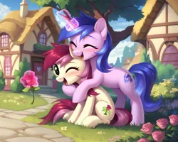 Size: 1280x1024 | Tagged: safe, ai content, derpibooru import, machine learning generated, prompter:foxpony, stable diffusion, roseluck, sea swirl, seafoam, earth pony, pony, unicorn, bipedal, bipedal leaning, blushing, cute, day, duo, duo female, eyes closed, female, flower, g4, generator:pony diffusion v6 xl, glow, glowing horn, horn, house, hug, hug from behind, image, leaning, looking at you, magic, one eye closed, open mouth, png, ponyville, sitting, telekinesis, wink, winking at you