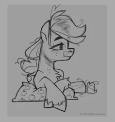 Size: 1024x1078 | Tagged: safe, artist:twistylittlepassages, derpibooru import, applejack, earth pony, pony, bed mane, chest fluff, gray background, grayscale, hatless, image, lidded eyes, messy mane, missing accessory, monochrome, morning ponies, png, signature, simple background, smiling, solo, traditional art