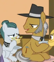Size: 550x627 | Tagged: safe, derpibooru import, screencap, cloudy quartz, grand pear, igneous rock pie, maud pie, cropped, duo focus, faic, female, g4, husband and wife, image, jpeg, looking at each other, looking at someone, male, my little pony best gift ever, sitting
