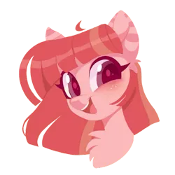 Size: 787x787 | Tagged: safe, artist:chl0w0, derpibooru import, oc, unofficial characters only, pony, bust, female, image, lineless, mare, open mouth, open smile, pink coat, png, portrait, red mane, simple background, smiling, solo, transparent background