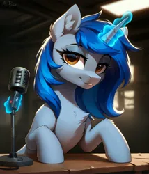 Size: 3429x4000 | Tagged: safe, ai content, derpibooru import, machine learning generated, prompter:midnightdashie, stable diffusion, oc, oc:homage, pony, unicorn, fallout equestria, fanfic art, generator:pony diffusion v6 xl, glow, glowing horn, horn, image, jpeg, looking at you, smiling, solo