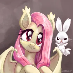 Size: 2048x2048 | Tagged: safe, artist:pfeffaroo, derpibooru import, angel bunny, fluttershy, bat pony, pony, rabbit, animal, bat ears, bat ponified, bat wings, duo, duo male and female, ear tufts, fangs, female, flutterbat, g4, high res, image, looking at you, male, mare, png, race swap, smiling, smiling at you, wings