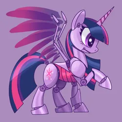 Size: 2048x2048 | Tagged: safe, artist:pfeffaroo, derpibooru import, twilight sparkle, twilight sparkle (alicorn), alicorn, pony, robot, robot pony, female, g4, gynoid, high res, horn, image, png, profile, raised hoof, roboticization, side view, solo, spread wings, tail, twibot, wings