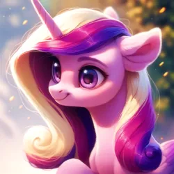 Size: 4096x4096 | Tagged: safe, ai content, derpibooru import, machine learning assisted, machine learning generated, stable diffusion, princess cadance, alicorn, pony, beautiful, blushing, cute, detailed, detailed hair, ear fluff, fluffy, forest, g4, generator:purplesmart.ai, happy, image, jpeg, leaf, nature, prompter:saltyvity, purple eyes, smiling, solo, sparkles, tree