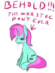 Size: 1200x1600 | Tagged: safe, artist:amateur-draw, derpibooru import, oc, oc:belle boue, unofficial characters only, pony, unicorn, bad oc, crappy art, crying, depressed, downvote bait, horn, image, not salmon, op is a duck, op is trying to start shit, png, shit oc, solo, trash, wat, wirst oc pony, worst pony