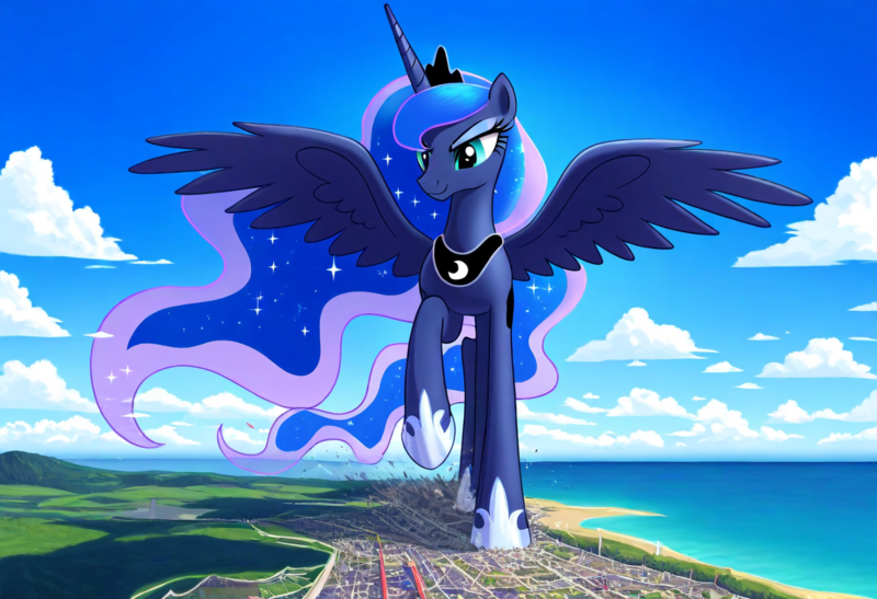 Size: 1216x832 | Tagged: safe, ai content, derpibooru import, machine learning generated, novelai, prompter:neutralfire, stable diffusion, princess luna, alicorn, city, cityscape, hoof shoes, image, macro, png, raised hoof, spread wings, stomp, stomping, wings