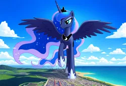Size: 1216x832 | Tagged: safe, ai content, derpibooru import, machine learning generated, novelai, prompter:neutralfire, stable diffusion, princess luna, alicorn, city, cityscape, hoof shoes, image, macro, png, raised hoof, spread wings, stomp, stomping, wings