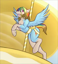 Size: 2597x2875 | Tagged: safe, artist:daf, derpibooru import, rainbow dash, human, pegasus, pony, bondage, bridle, carousel, high res, human to pony, image, inanimate tf, jpeg, solo, spread wings, tack, transformation, wings
