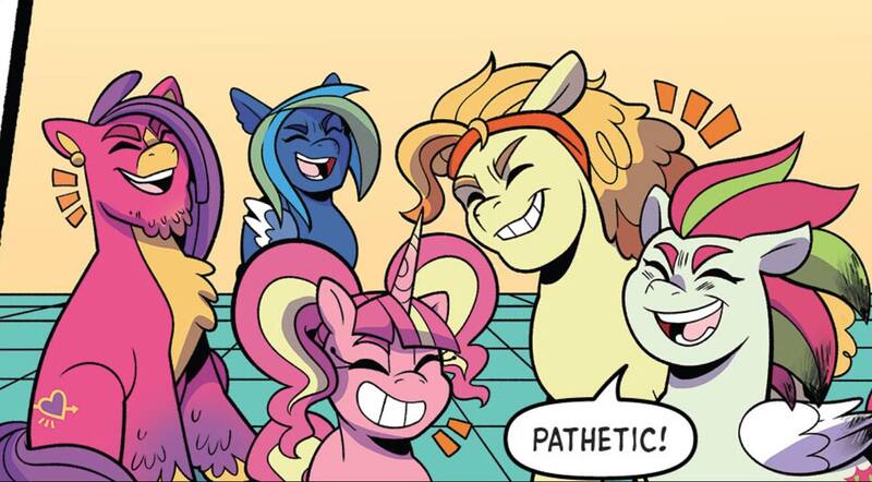 Size: 1334x737 | Tagged: safe, artist:natalie haines, derpibooru import, idw, unnamed character, unnamed pony, earth pony, pegasus, pony, unicorn, g5, spoiler:comic, spoiler:g5comic, captain buck, dialogue, emanata, female, flank the tank, group, horn, image, jpeg, kiki kaboom, laughing, mare, my little pony: kenbucky roller derby, quintet, speech bubble, tina two bits