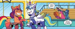 Size: 1334x527 | Tagged: safe, artist:natalie haines, derpibooru import, idw, sunny starscout, unnamed character, unnamed pony, earth pony, pegasus, pony, g5, spoiler:comic, spoiler:g5comic, dialogue, disguise, duo focus, emanata, eyes closed, female, flank the tank, grin, helmet, image, jpeg, mane stripe sunny, mare, my little pony: kenbucky roller derby, roller skates, skates, smiling, speech bubble, tina two bits