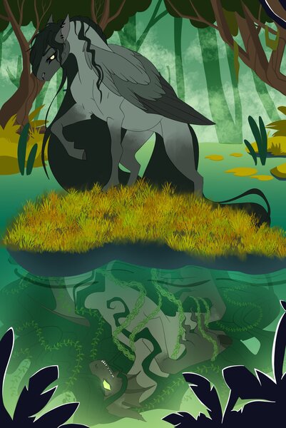 Size: 2000x2989 | Tagged: safe, artist:inisealga, derpibooru import, oc, oc:neva fae, unofficial characters only, kelpie, pony, everfree forest, female, image, jpeg, mare, reflection, solo, water