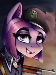 Size: 1553x2091 | Tagged: safe, artist:vladio, derpibooru import, oc, oc:breezy bloom, unofficial characters only, pony, equestria at war mod, beret, bust, dog tags, female, grin, gun, hat, image, mare, png, portrait, sharp teeth, smiling, solo, teeth, weapon