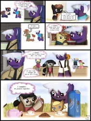 Size: 1750x2333 | Tagged: safe, artist:99999999000, derpibooru import, oc, oc:firearm king, oc:zhang cathy, unofficial characters only, pony, zebra, comic:affection, colt, comic, cookie, doll, female, filly, foal, food, image, male, png, tea, teapot, toy