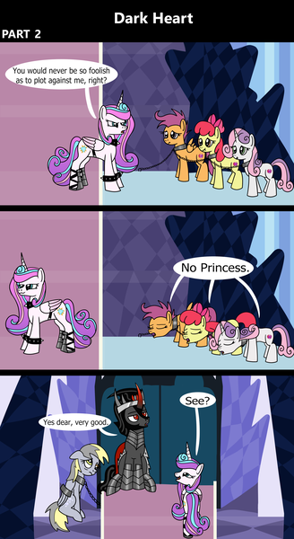 Size: 1920x3516 | Tagged: safe, artist:platinumdrop, derpibooru import, apple bloom, derpy hooves, king sombra, princess flurry heart, scootaloo, sweetie belle, alicorn, earth pony, pegasus, pony, unicorn, comic:dark heart, 3 panel comic, abuse, alternate timeline, applebuse, armor, avoiding eye contact, bound wings, bowing, bracelet, chains, collar, comic, commission, crystal, crystal castle, crystal empire, cutie mark crusaders, dark crystal, derpybuse, dialogue, evil flurry heart, female, flurry heart is amused, folded wings, g4, horn, husband and wife, image, indoors, looking at each other, looking at someone, looking away, looking down, male, mare, older, older apple bloom, older cmc, older derpy hooves, older flurry heart, older scootaloo, older sweetie belle, png, sad, scootabuse, ship:flurrybra, shipping, slave, slave collar, smiling, smug, smug smile, speech bubble, spiked collar, spiked wristband, stallion, straight, sweetiebuse, throne, throne room, victorious villain, wall of tags, wing cuffs, wings, wristband
