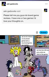 Size: 1171x1843 | Tagged: safe, artist:ask-luciavampire, derpibooru import, oc, bat pony, earth pony, pegasus, pony, undead, unicorn, vampire, vampony, ask, bored games, horn, image, png, tumblr