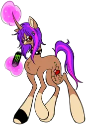 Size: 762x1099 | Tagged: safe, artist:expectationemesis, derpibooru import, oc, oc:circuit heart, unofficial characters only, pony, unicorn, big hooves, blaze (coat marking), chest fluff, choker, clothes, coat markings, collar, drink, energy drink, facial markings, glasses, gloves, hairclip, horn, image, long legs, looking sideways, magic, magic aura, monster energy, png, ponysona, red eyes, simple background, socks (coat marking), solo, spiked choker, spiked collar, tail, telekinesis, transparent background, two toned mane, two toned tail, unicorn oc