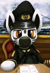 Size: 1440x2064 | Tagged: safe, artist:ryanmandraws, derpibooru import, oc, oc:yüce ranomasina, unofficial characters only, zebra, equestria at war mod, bust, cap, chair, clothes, hat, image, military uniform, ocean, paper, pen, png, portrait, ship, solo, table, uniform, water