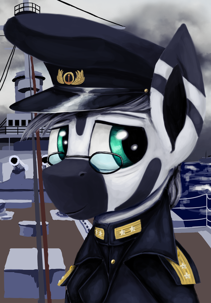 Size: 1440x2064 | Tagged: safe, artist:ryanmandraws, derpibooru import, oc, oc:derya orana, unofficial characters only, zebra, equestria at war mod, bust, cap, clothes, glasses, hat, image, military uniform, ocean, png, portrait, ship, solo, uniform, water