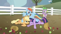 Size: 2270x1277 | Tagged: safe, derpibooru import, screencap, applejack, rainbow dash, spike, twilight sparkle, dragon, earth pony, pegasus, pony, unicorn, season 1, the ticket master, apple, apple tree, basket, eyes closed, female, fence, food, g4, image, jpeg, male, mare, tree, unicorn twilight