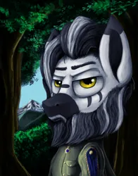 Size: 2200x2800 | Tagged: safe, artist:ryanmandraws, derpibooru import, oc, oc:çelik varatra, unofficial characters only, zebra, equestria at war mod, beard, bust, clothes, facial hair, image, military uniform, moustache, png, portrait, solo, tree, uniform