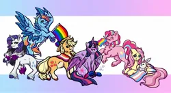 Size: 1794x976 | Tagged: safe, artist:ladysandbox, derpibooru import, angel bunny, applejack, fluttershy, pinkie pie, rainbow dash, rarity, twilight sparkle, twilight sparkle (alicorn), alicorn, pegasus, pony, unicorn, 2024, asexual pride flag, bilight sparkle, bisexual pride flag, clothes, gay pride flag, horn, image, jpeg, lesbian pride flag, mane six, pansexual pride flag, pride, pride flag, signature, smiling, socks, striped socks, transgender pride flag