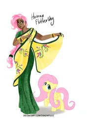 Size: 2893x4092 | Tagged: safe, artist:zsnowfilez, derpibooru import, fluttershy, human, pegasus, pony, alternate hairstyle, blackwashing, clothes, dark skin, dress, female, human ponidox, humanized, image, indian, jpeg, mare, moderate dark skin, sari, self paradox, self ponidox, simple background, white background