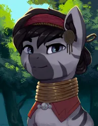 Size: 1631x2100 | Tagged: safe, artist:mrscroup, derpibooru import, oc, oc:mutya, unofficial characters only, zebra, equestria at war mod, bust, clothes, gold, headband, image, jewelry, jpeg, necklace, portrait, solo, tree, zebra oc