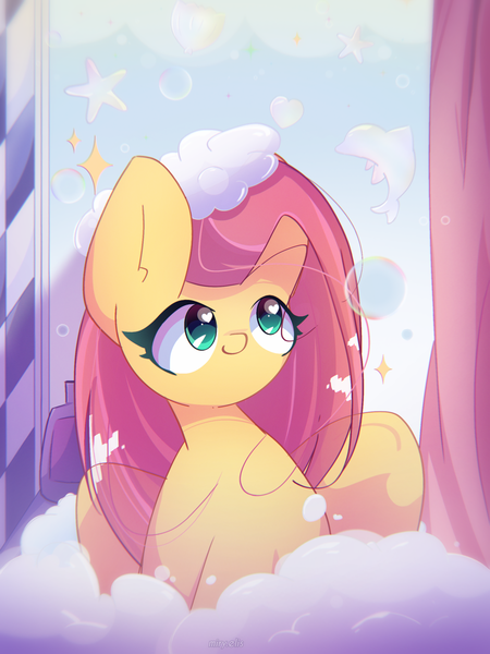 Size: 1950x2600 | Tagged: safe, artist:miryelis, derpibooru import, fluttershy, pegasus, pony, bath, bubble, cute, female, foam, g4, image, long hair, mare, png, shyabetes, sitting, smiling, solo, sparkles