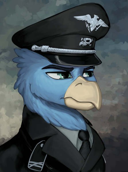 Size: 1560x2100 | Tagged: source needed, safe, artist:kelkessel, derpibooru import, oc, oc:wingfried von katerinburg, unofficial characters only, gryphon, equestria at war mod, bags under eyes, beak, bust, clothes, epaulettes, green eyes, griffon oc, hat, image, jewelry, male, military uniform, necktie, peaked cap, png, portrait, regalia, skull, suit, uniform, uniform hat