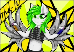 Size: 4214x3000 | Tagged: safe, artist:twinky, derpibooru import, oc, cyborg, pegasus, pony, artificial wings, augmented, green eyes, green mane, image, png, wings