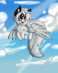 Size: 4904x6200 | Tagged: safe, artist:surufomi, derpibooru import, alicorn, fluffy pony, fox, hybrid, pony, alicorn horn, black, black ears, blue sky, chest fluff, cloud, colored, cute, ear fluff, facial markings, fangs, flapping, fluffy, fluffy tail, flying, happy, image, krita, large wings, leg fluff, long mane, male, png, red eyes, shiro, simple background, smiling, stallion, surufomi, tail, white, wing fluff, wings