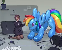 Size: 2132x1729 | Tagged: safe, artist:kamchik, derpibooru import, rainbow dash, human, inflatable pony, pegasus, comic, duo, female, human to pony, image, inanimate tf, inflatable, kneeling, office, png, transformation
