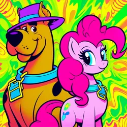 Size: 1024x1024 | Tagged: safe, ai content, derpibooru import, machine learning generated, pinkie pie, dog, pony, collar, crossover, dog collar, female, generator:dall-e 3, hanna barbera, hat, image, jpeg, male, scooby-doo, scooby-doo!