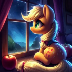 Size: 1024x1024 | Tagged: safe, ai content, derpibooru import, machine learning generated, prompter:equestria pony fans, applejack, earth pony, pony, apple, bedroom, curtains, female, food, freckles, g4, generator:bing image creator, generator:dall-e 3, glass, heart, image, jpeg, light, mare, mountain, night, pictures, sitting, sky, smiling, solo, stars, tree, window, wood, wrong cutie mark
