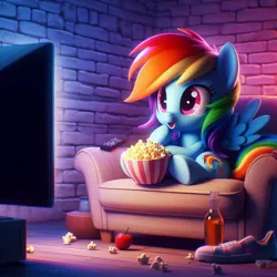 Size: 1024x1024 | Tagged: safe, ai content, derpibooru import, machine learning generated, prompter:equestria pony fans, rainbow dash, pegasus, pony, alcohol, apple, bottle, bowl, brick wall, clothes, couch, drink, female, floor, food, g4, generator:bing image creator, generator:dall-e 3, glass bottle, happy, image, jpeg, mare, messy, open mouth, popcorn, remote control, room, shoes, short, sitting, smiling, solo, television, wall, watching, watching tv, wrong cutie mark